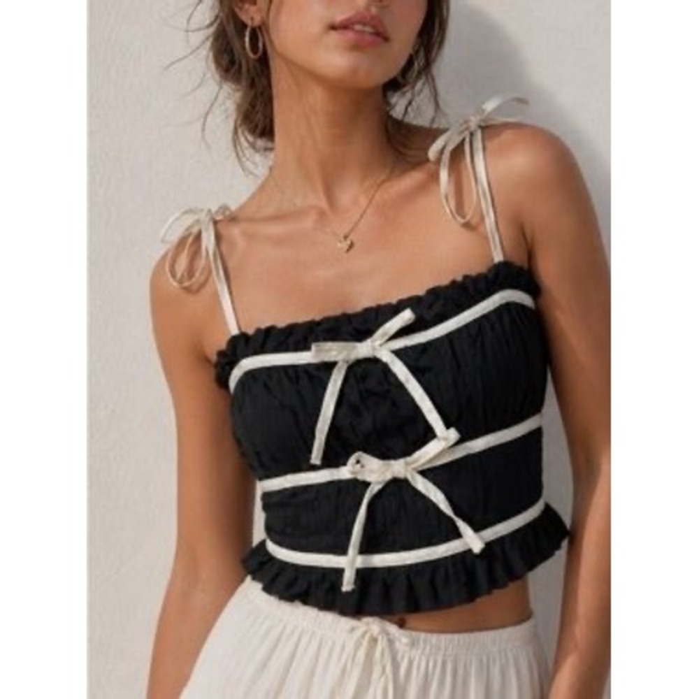 Thirty Thirty LA Black Cream Crop Top Cami Smocked Dark Coquette Whimsigoth M